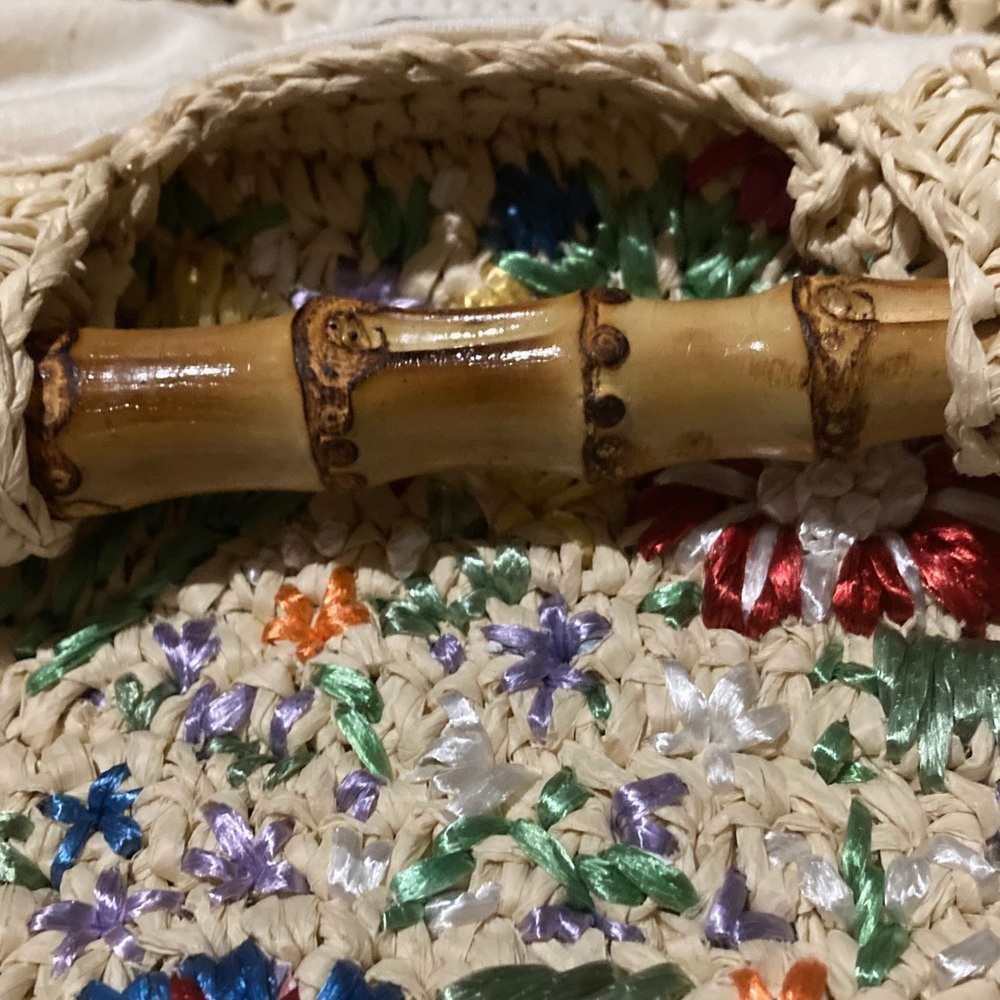 Topshop Embroidered Raffia Bag With Bamboo Handle & Detachable Strap. - Picture 13 of 13